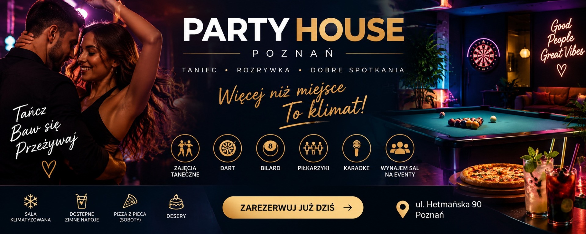 Neonowy plakat PartyHouse Poznań z kulą dyskotekową, sylwetkami i ikonami atrakcji oraz adresem.